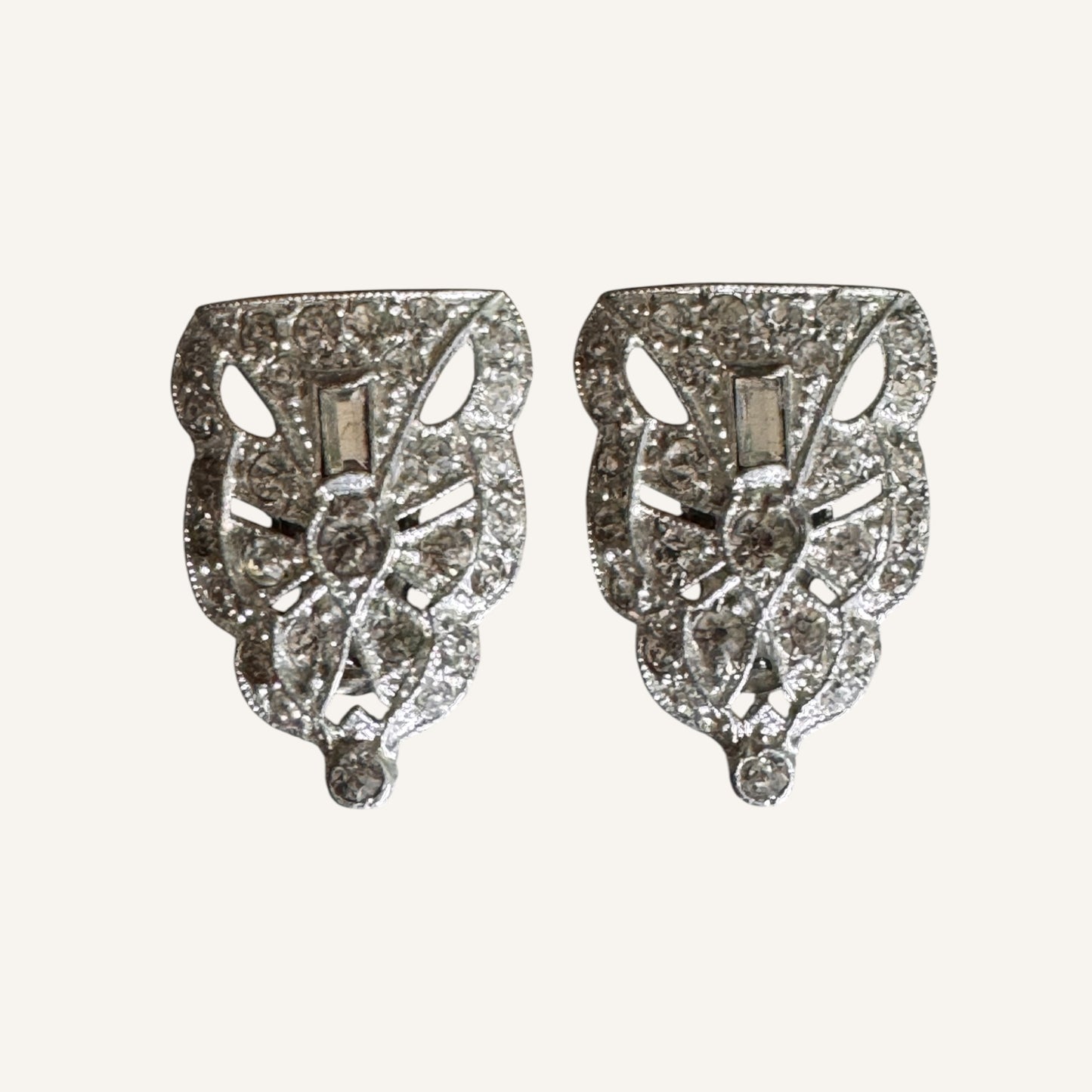 Rare Art Deco Paste Dress Clips Pair | 1930s Silvertone Rhinestone Fur Clips | Patent No. 185-2188
