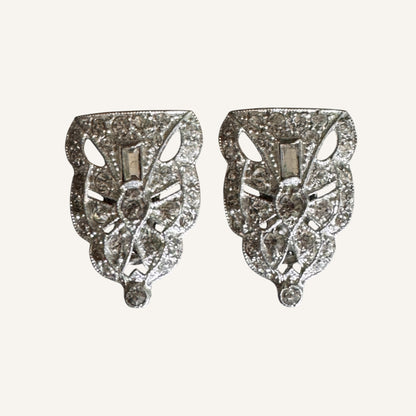 Rare Art Deco Paste Dress Clips Pair | 1930s Silvertone Rhinestone Fur Clips | Patent No. 185-2188
