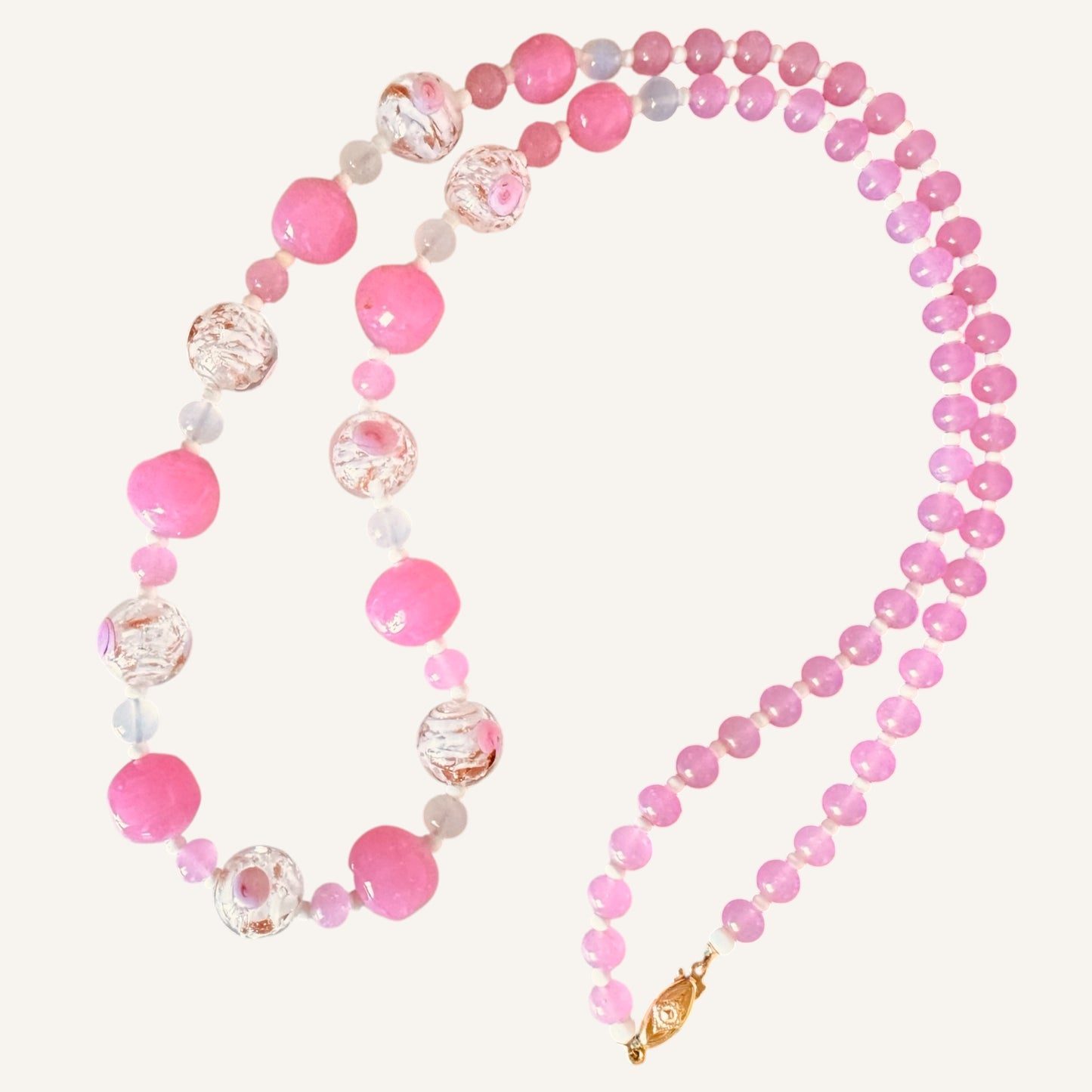 Vintage Venetian Wedding Cake Moonstone & Pink Glass Necklace