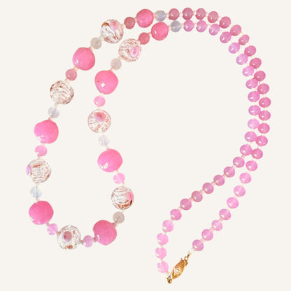 Vintage Venetian Wedding Cake Moonstone & Pink Glass Necklace