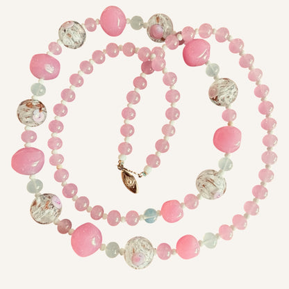 Vintage Venetian Wedding Cake Moonstone & Pink Glass Necklace