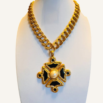 Rare Vintage Anne Klein Heavy Maltese Cross Necklace with Black Enamel and Faux Pearl Pendant