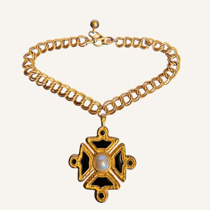 Rare Vintage Anne Klein Heavy Maltese Cross Necklace with Black Enamel and Faux Pearl Pendant
