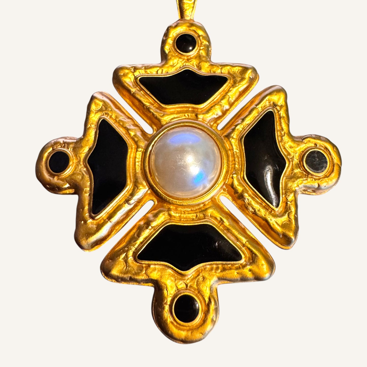 Rare Vintage Anne Klein Heavy Maltese Cross Necklace with Black Enamel and Faux Pearl Pendant