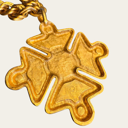 Rare Vintage Anne Klein Heavy Maltese Cross Necklace with Black Enamel and Faux Pearl Pendant