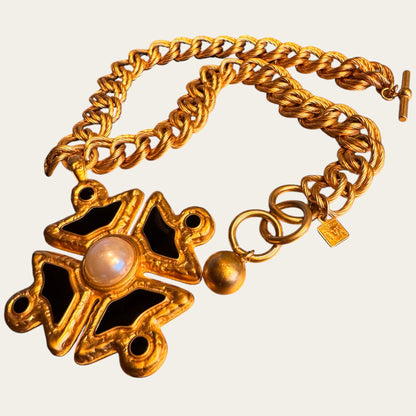 Rare Vintage Anne Klein Heavy Maltese Cross Necklace with Black Enamel and Faux Pearl Pendant
