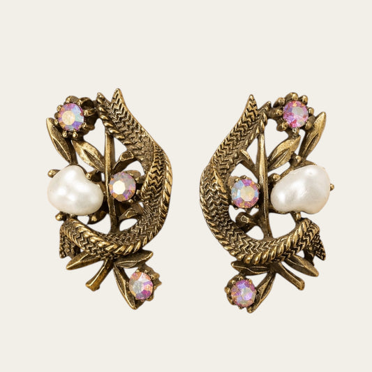 Vintage CORO Baby Tooth Faux Pearl & Aurora Borealis Screwback Earrings | Mid-Century Botanical Clip Earrings