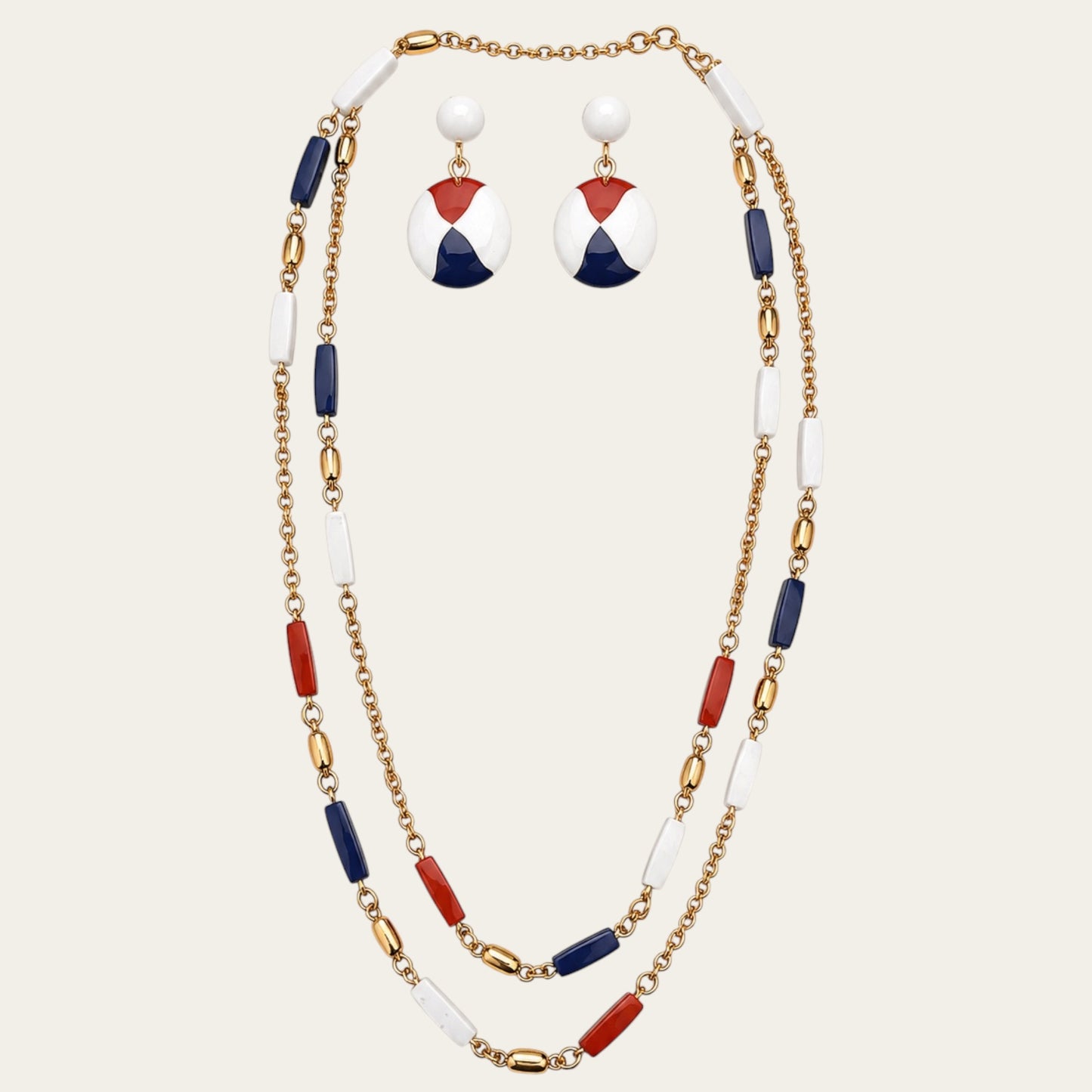 Vintage Crown Trifari Americana Lucite Demi-Parure Long Station Necklace & Matching Clip Earrings