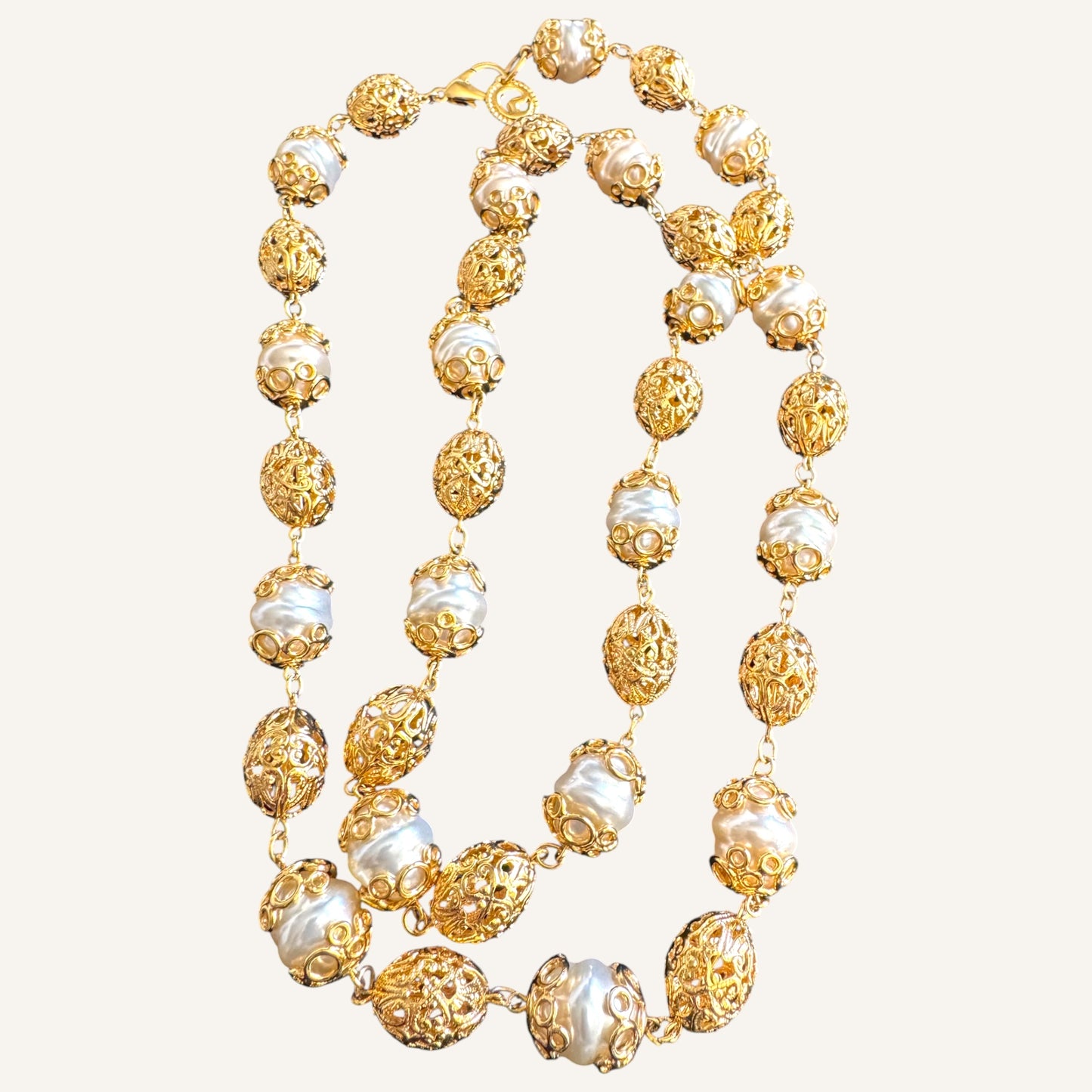 St. John Baroque Pearl & Filigree Station Necklace 1990s Vintage Couture