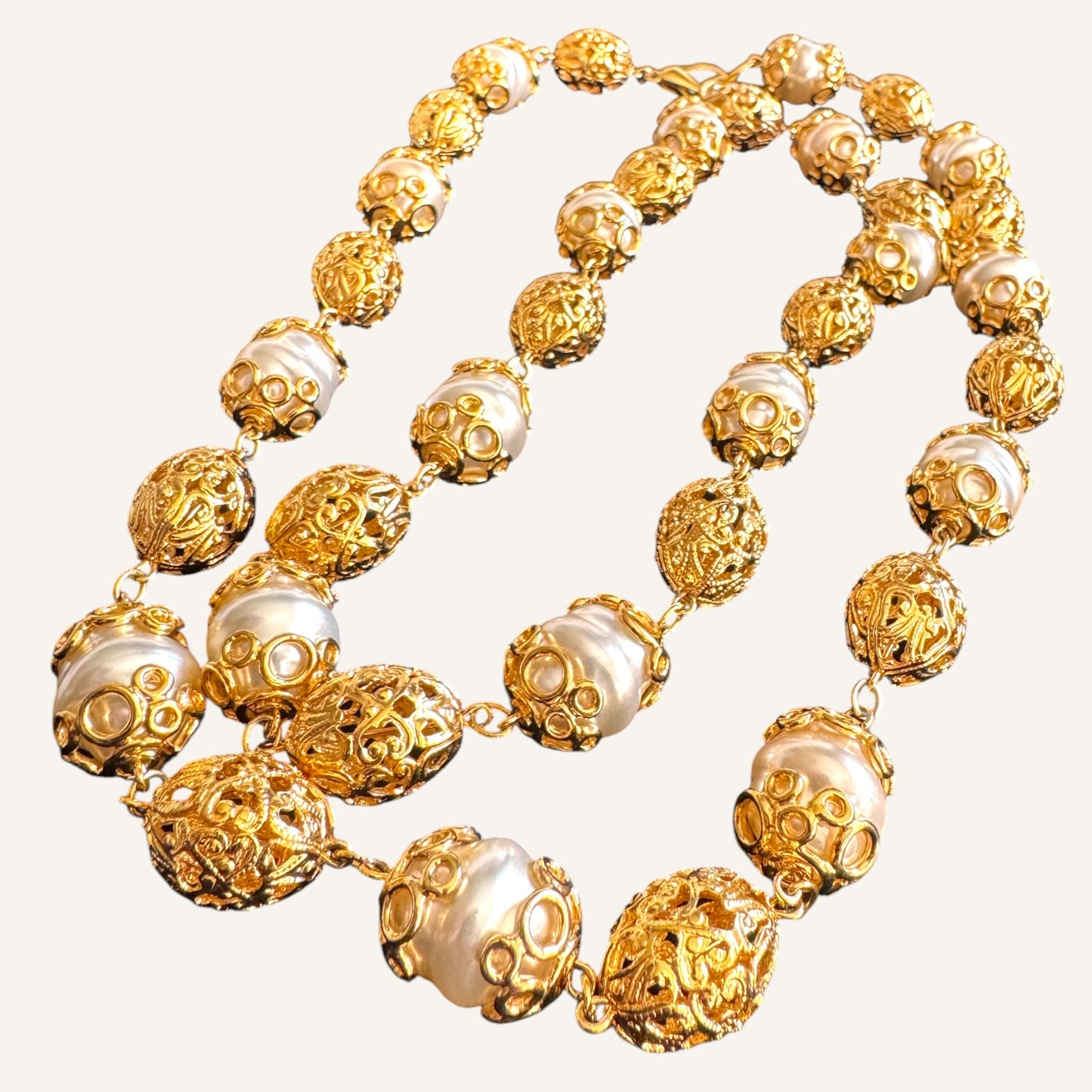 St. John Baroque Pearl & Filigree Station Necklace 1990s Vintage Couture