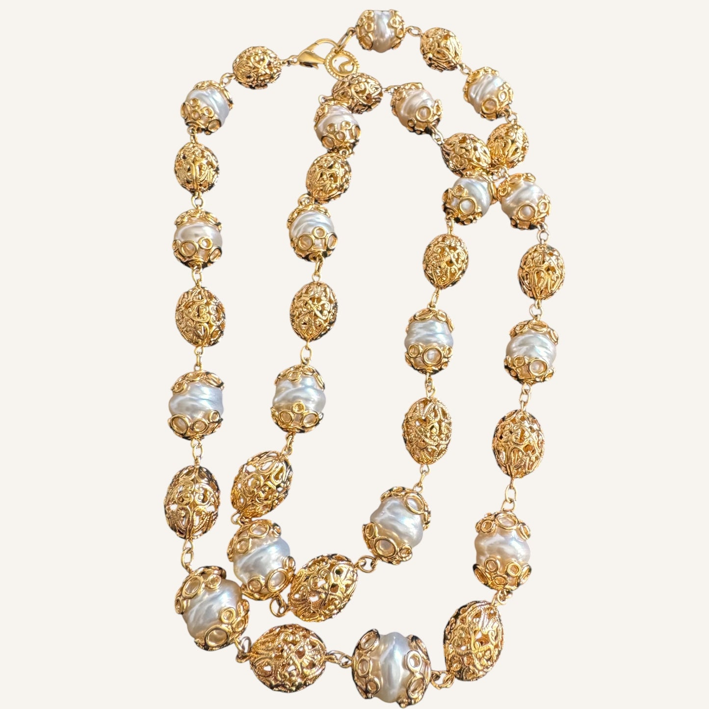 St. John Baroque Pearl & Filigree Station Necklace 1990s Vintage Couture