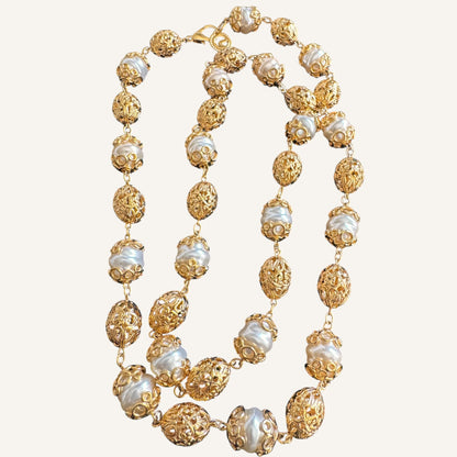 St. John Baroque Pearl & Filigree Station Necklace 1990s Vintage Couture