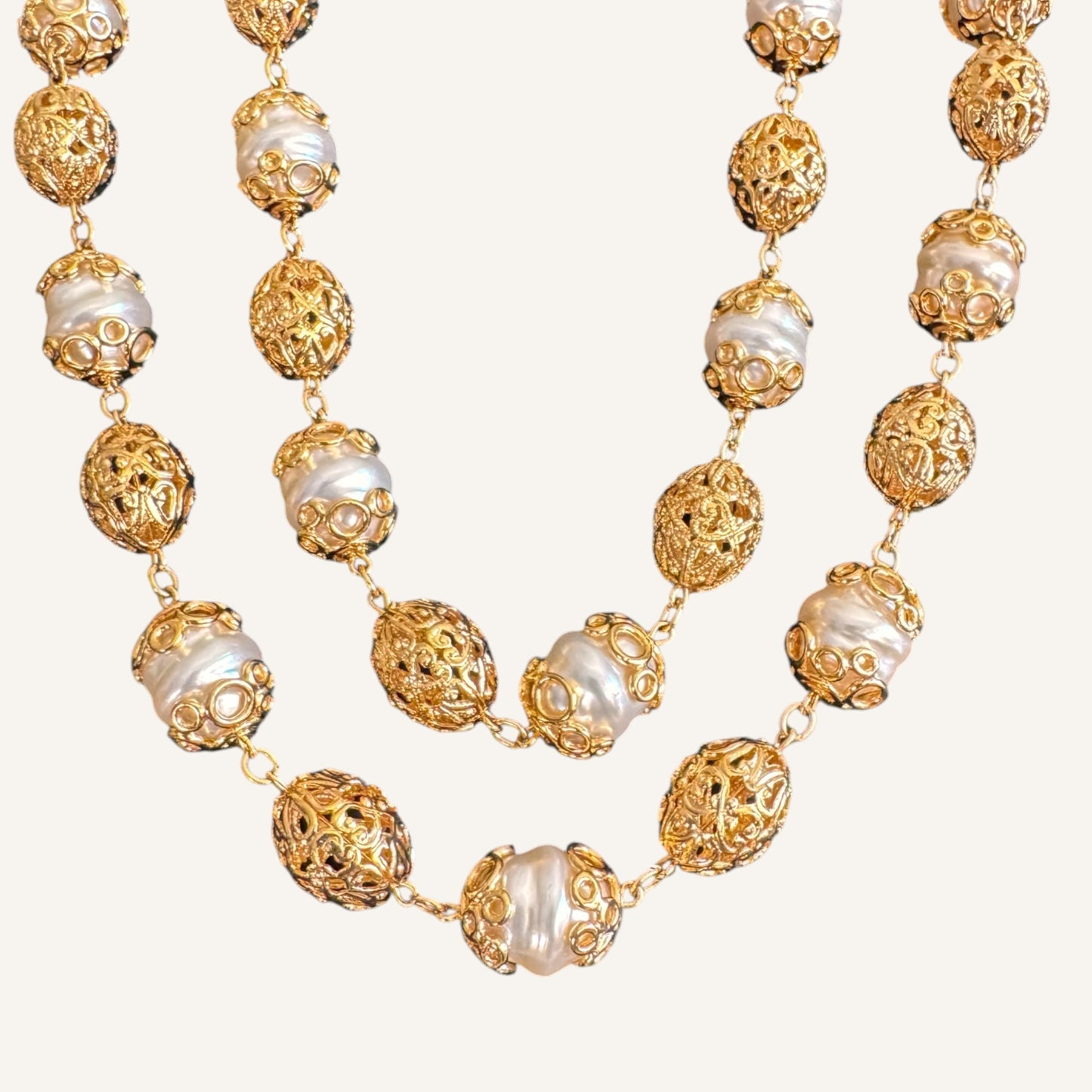 St. John Baroque Pearl & Filigree Station Necklace 1990s Vintage Couture