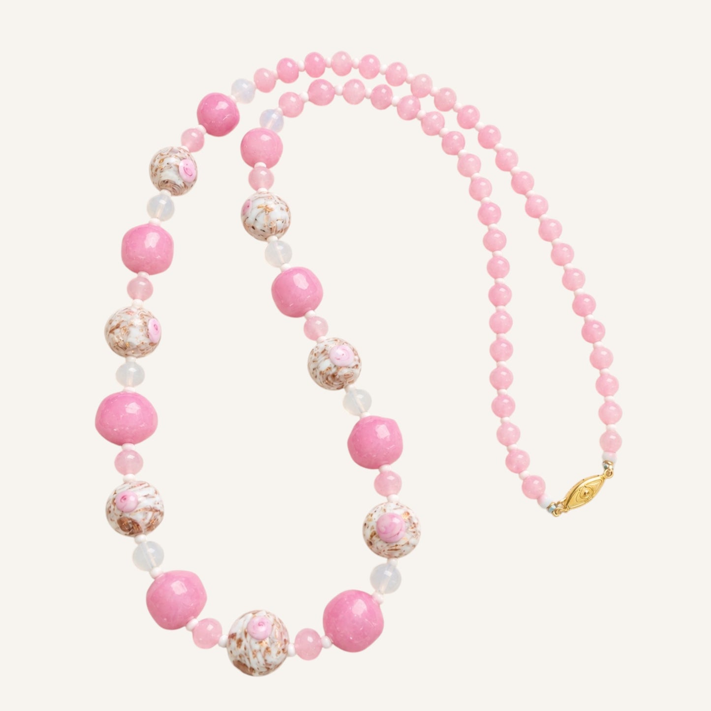 Vintage Venetian Wedding Cake Moonstone & Pink Glass Necklace