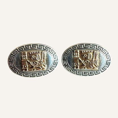 Vintage 18K Gold & Sterling Silver Aztec Motif Cufflinks 925 Sterling 18K Gold Accent