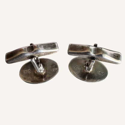 Vintage 18K Gold & Sterling Silver Aztec Motif Cufflinks 925 Sterling 18K Gold Accent