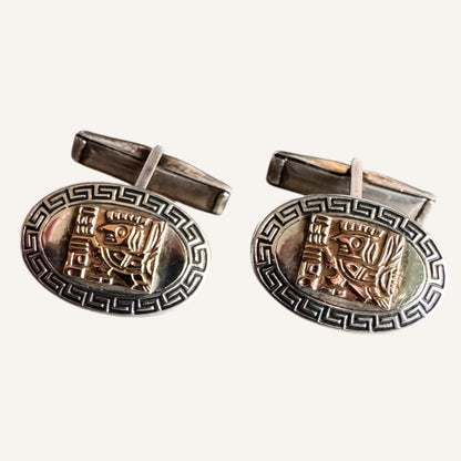 Vintage 18K Gold & Sterling Silver Aztec Motif Cufflinks 925 Sterling 18K Gold Accent