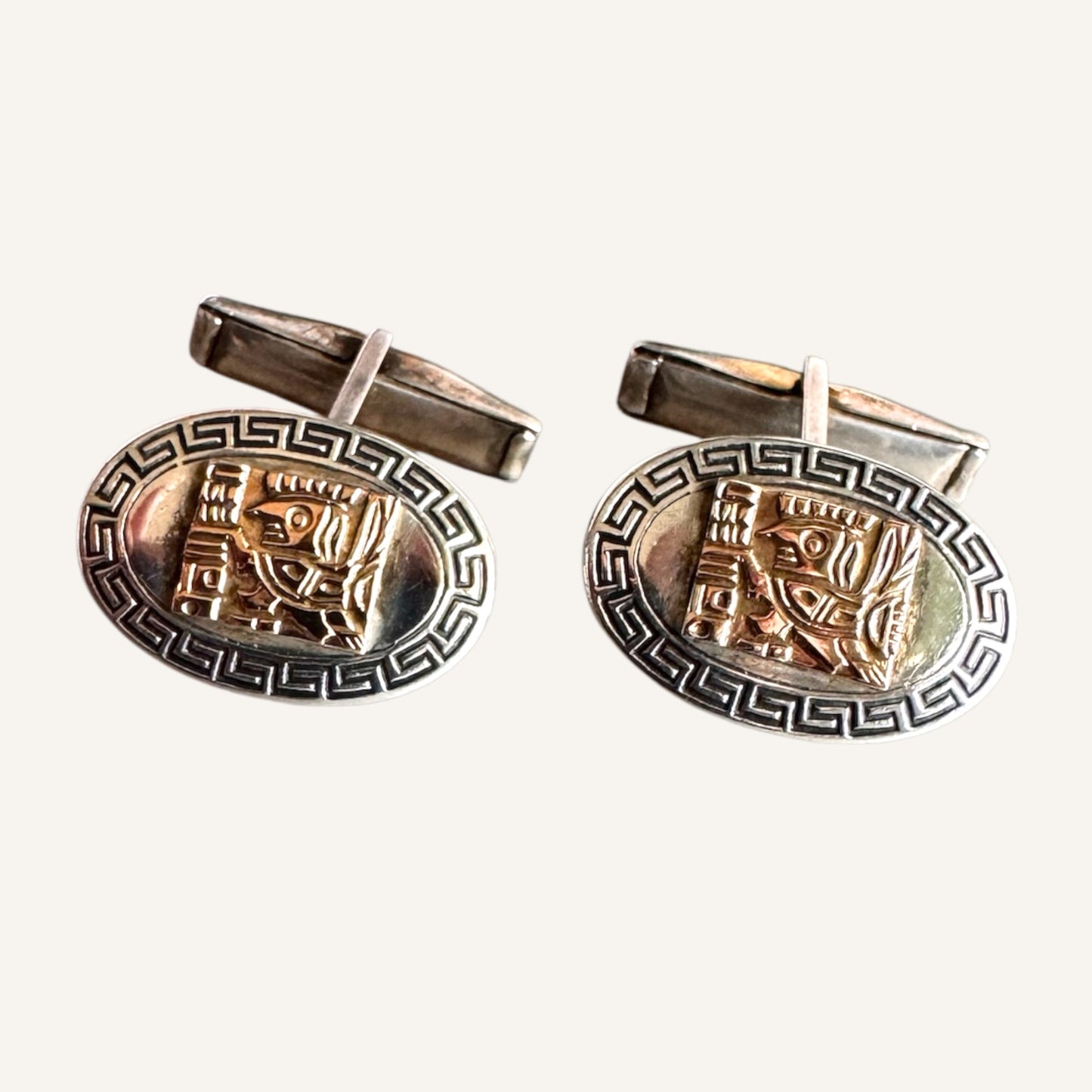 Vintage 18K Gold & Sterling Silver Aztec Motif Cufflinks 925 Sterling 18K Gold Accent