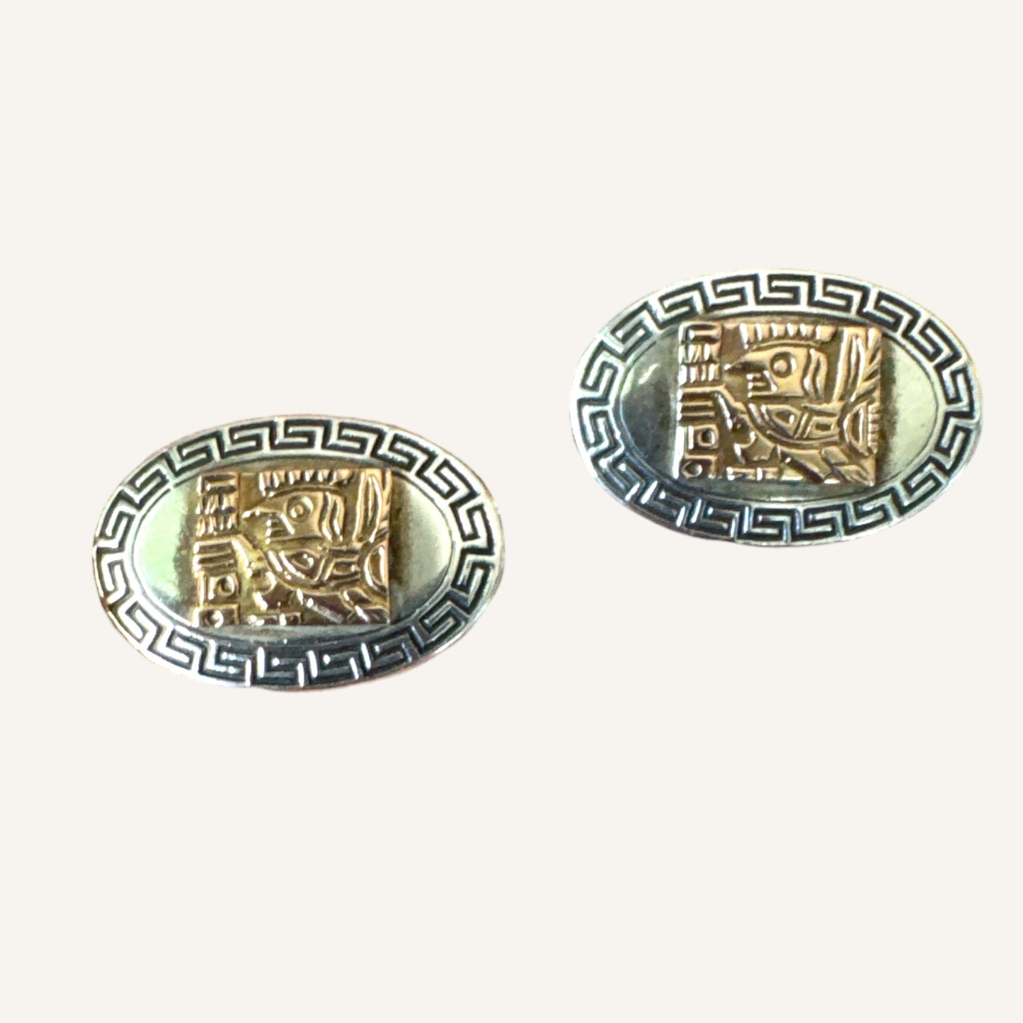 Vintage 18K Gold & Sterling Silver Aztec Motif Cufflinks 925 Sterling 18K Gold Accent
