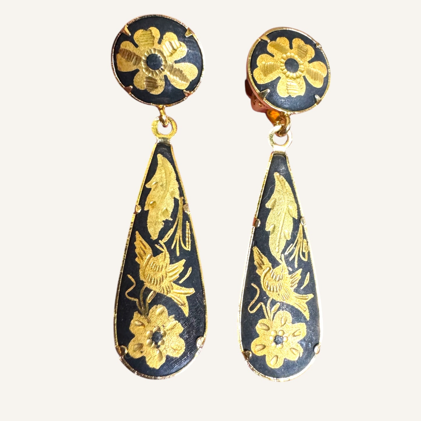 Vintage Toledo Damascene Bird & Floral Dangle Clip Earrings