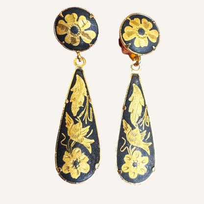 Vintage Toledo Damascene Bird & Floral Dangle Clip Earrings