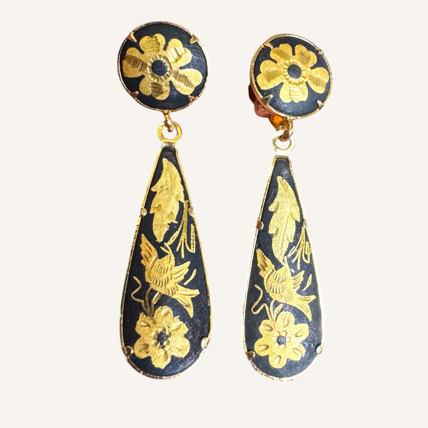 Vintage Toledo Damascene Bird & Floral Dangle Clip Earrings