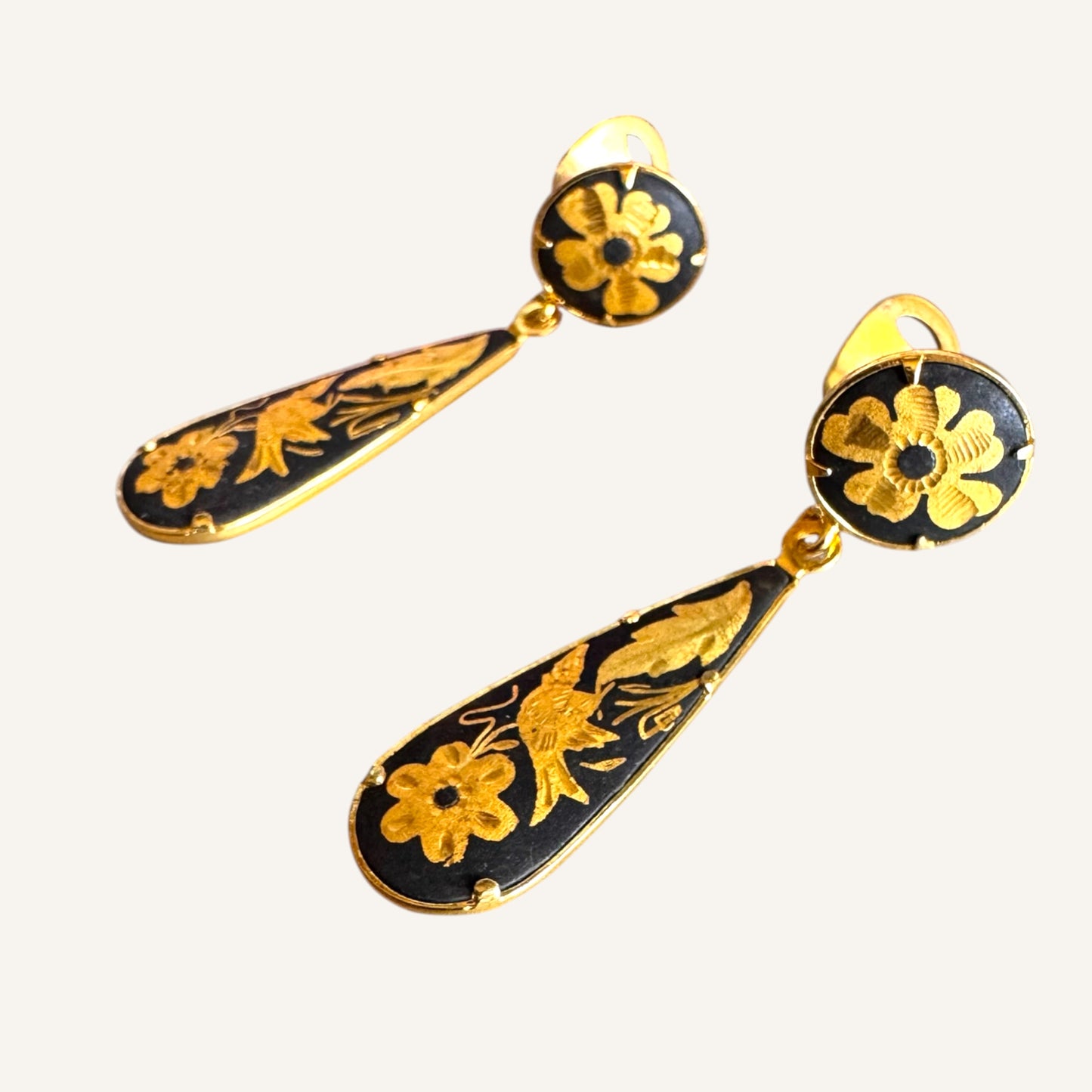 Vintage Toledo Damascene Bird & Floral Dangle Clip Earrings