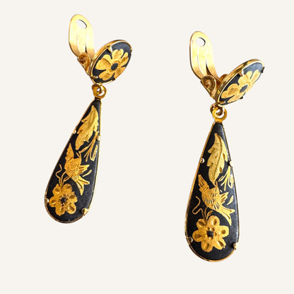 Vintage Toledo Damascene Bird & Floral Dangle Clip Earrings