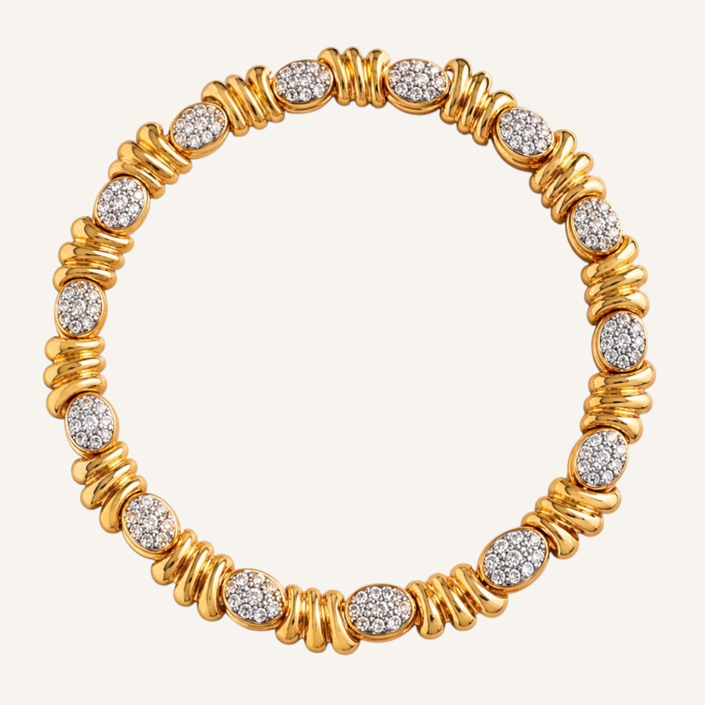 VO / AFJ Signed Runway Collar Necklace | 1980s–1990s Gold Tone Rhinestone Statement Necklace