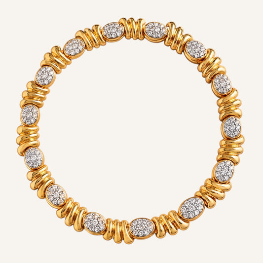 VO / AFJ Signed Runway Collar Necklace | 1980s–1990s Gold Tone Rhinestone Statement Necklace