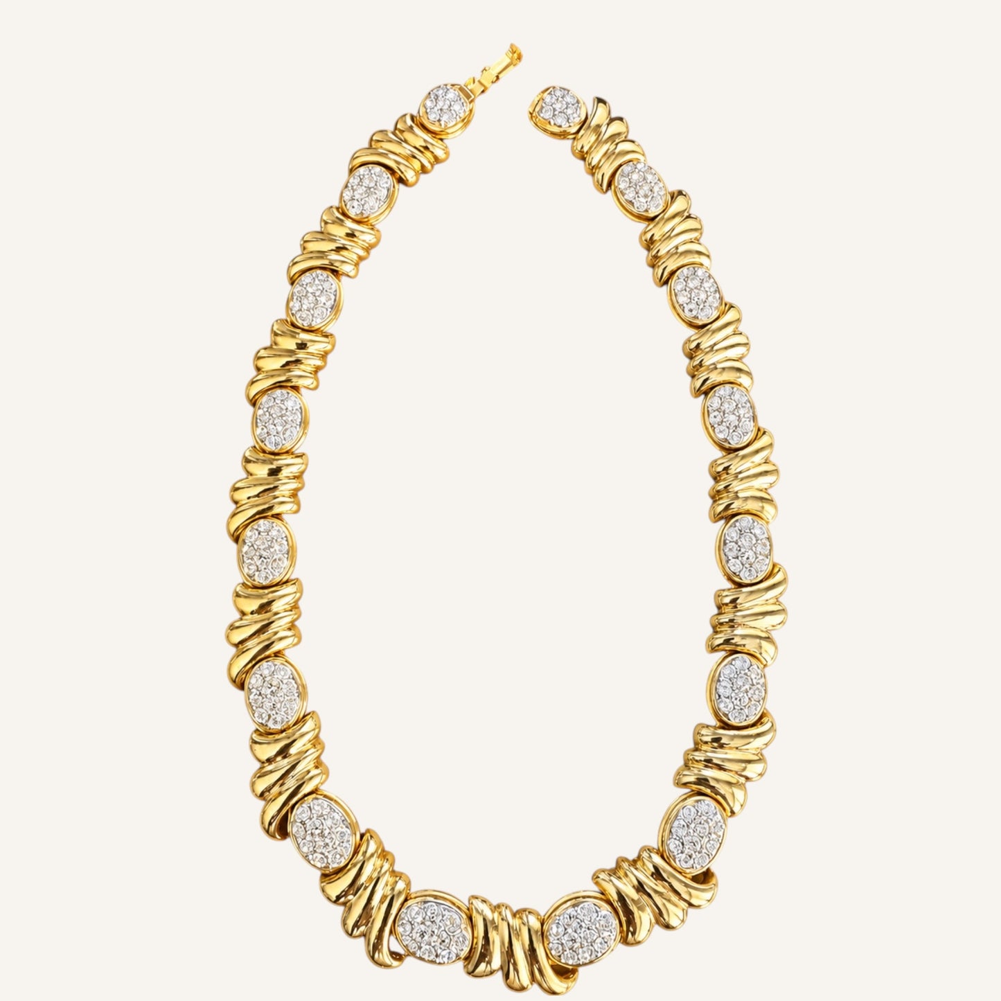VO / AFJ Signed Runway Collar Necklace | 1980s–1990s Gold Tone Rhinestone Statement Necklace
