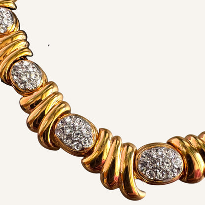 VO / AFJ Signed Runway Collar Necklace | 1980s–1990s Gold Tone Rhinestone Statement Necklace