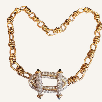 Vintage Swarovski Swan Signed Gold Toggle Necklace with Crystal Pavé Clasp