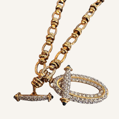Vintage Swarovski Swan Signed Gold Toggle Necklace with Crystal Pavé Clasp