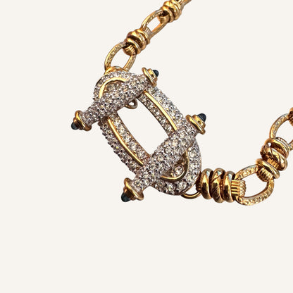Vintage Swarovski Swan Signed Gold Toggle Necklace with Crystal Pavé Clasp