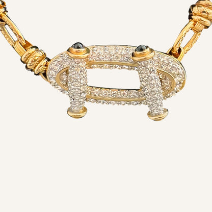 Vintage Swarovski Swan Signed Gold Toggle Necklace with Crystal Pavé Clasp