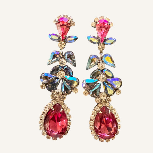 Mid-Century Pink & Blue Aurora Borealis Chandelier Clip-On Earrings | Foil-Back Rhinestones