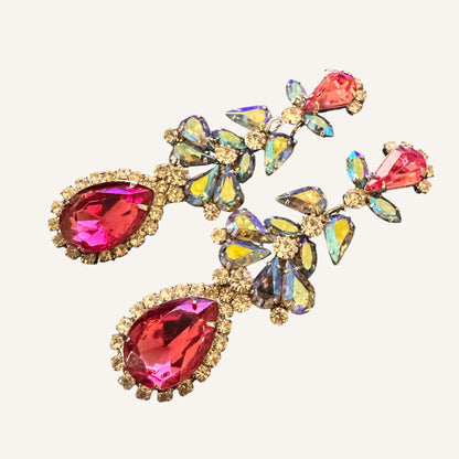 Mid-Century Pink & Blue Aurora Borealis Chandelier Clip-On Earrings | Foil-Back Rhinestones