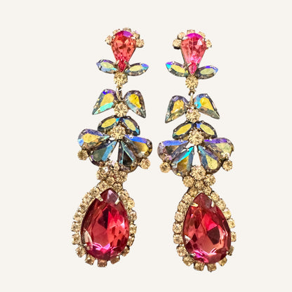 Mid-Century Pink & Blue Aurora Borealis Chandelier Clip-On Earrings | Foil-Back Rhinestones
