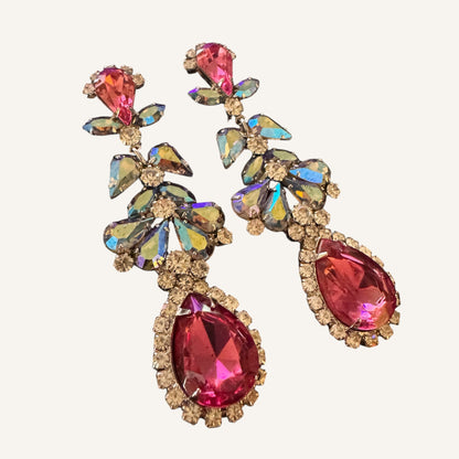 Mid-Century Pink & Blue Aurora Borealis Chandelier Clip-On Earrings | Foil-Back Rhinestones