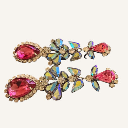 Mid-Century Pink & Blue Aurora Borealis Chandelier Clip-On Earrings | Foil-Back Rhinestones