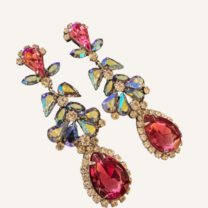 Mid-Century Pink & Blue Aurora Borealis Chandelier Clip-On Earrings | Foil-Back Rhinestones