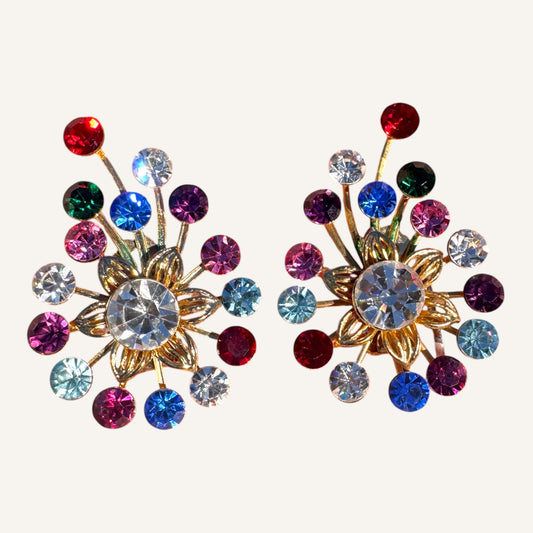 Vintage Mid-Century Atomic Starburst Rhinestone Ear Climber Clip-On Earrings | Multicolor Gold Tone
