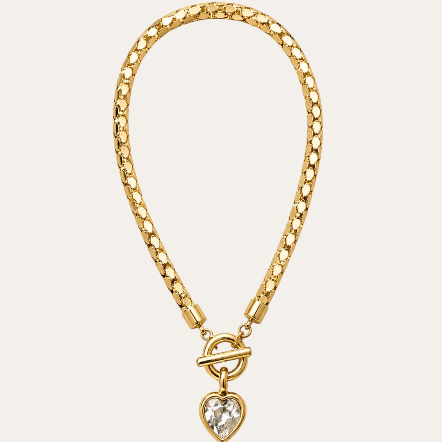 Vintage Givenchy Gold-Tone Mesh Choker Necklace with Foil-Back Crystal Heart Toggle