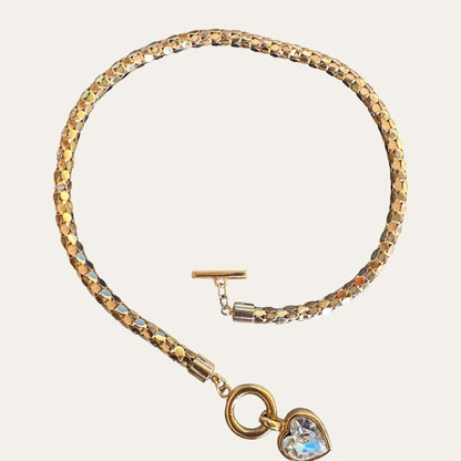 Vintage Givenchy Gold-Tone Mesh Choker Necklace with Foil-Back Crystal Heart Toggle