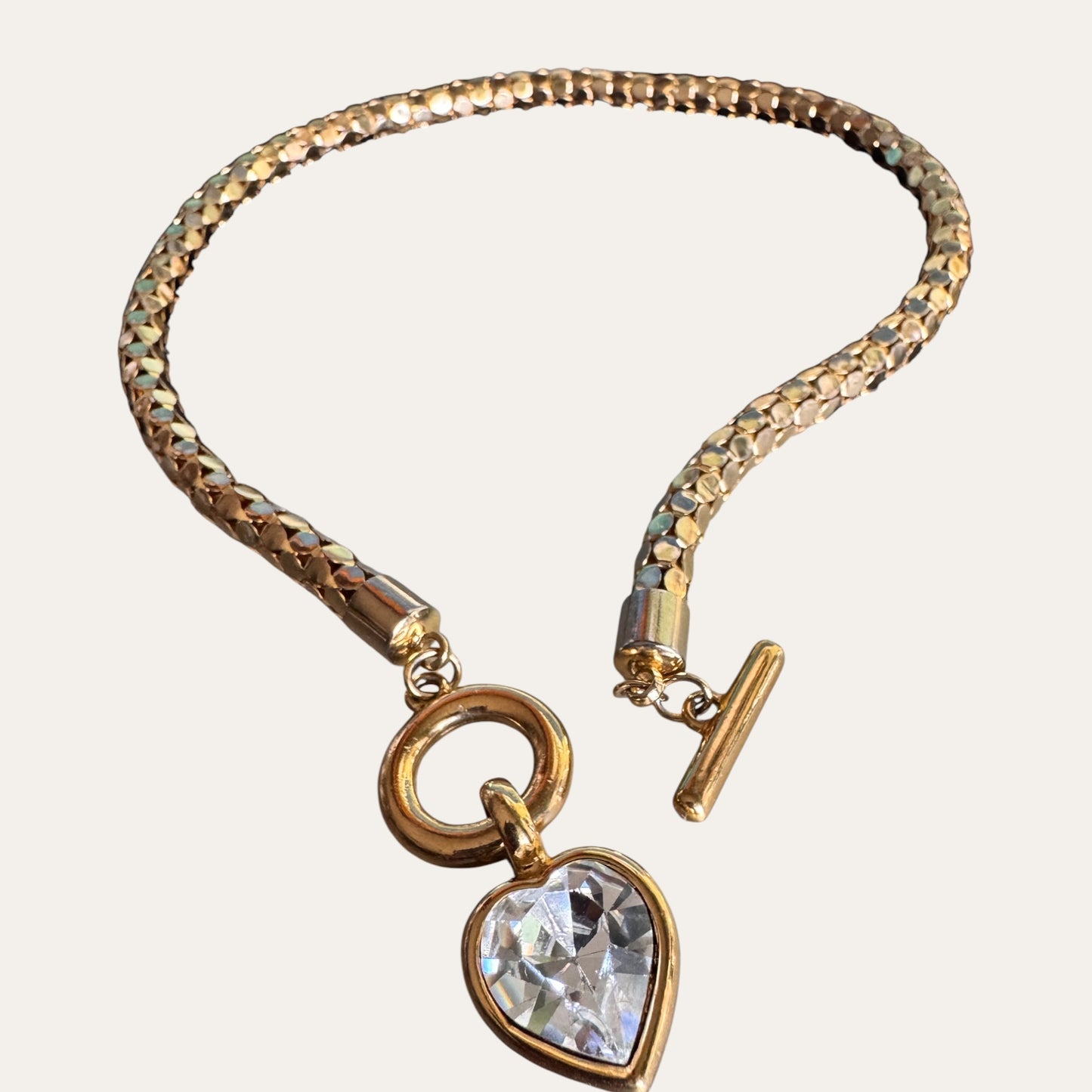 Vintage Givenchy Gold-Tone Mesh Choker Necklace with Foil-Back Crystal Heart Toggle