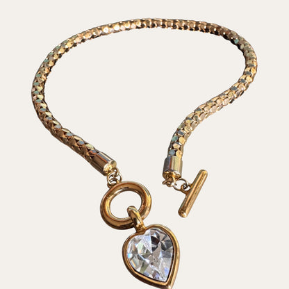 Vintage Givenchy Gold-Tone Mesh Choker Necklace with Foil-Back Crystal Heart Toggle