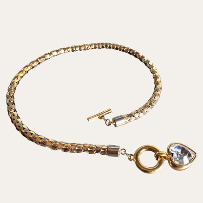 Vintage Givenchy Gold-Tone Mesh Choker Necklace with Foil-Back Crystal Heart Toggle