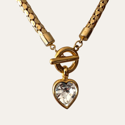 Vintage Givenchy Gold-Tone Mesh Choker Necklace with Foil-Back Crystal Heart Toggle