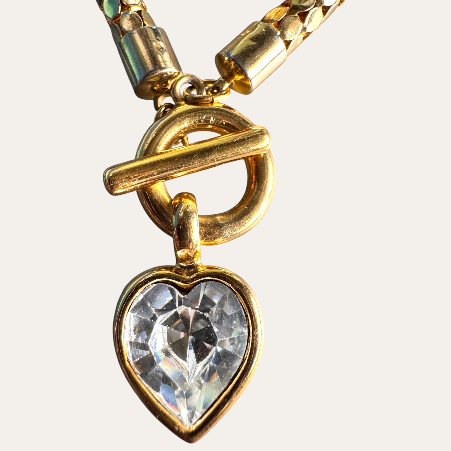 Vintage Givenchy Gold-Tone Mesh Choker Necklace with Foil-Back Crystal Heart Toggle